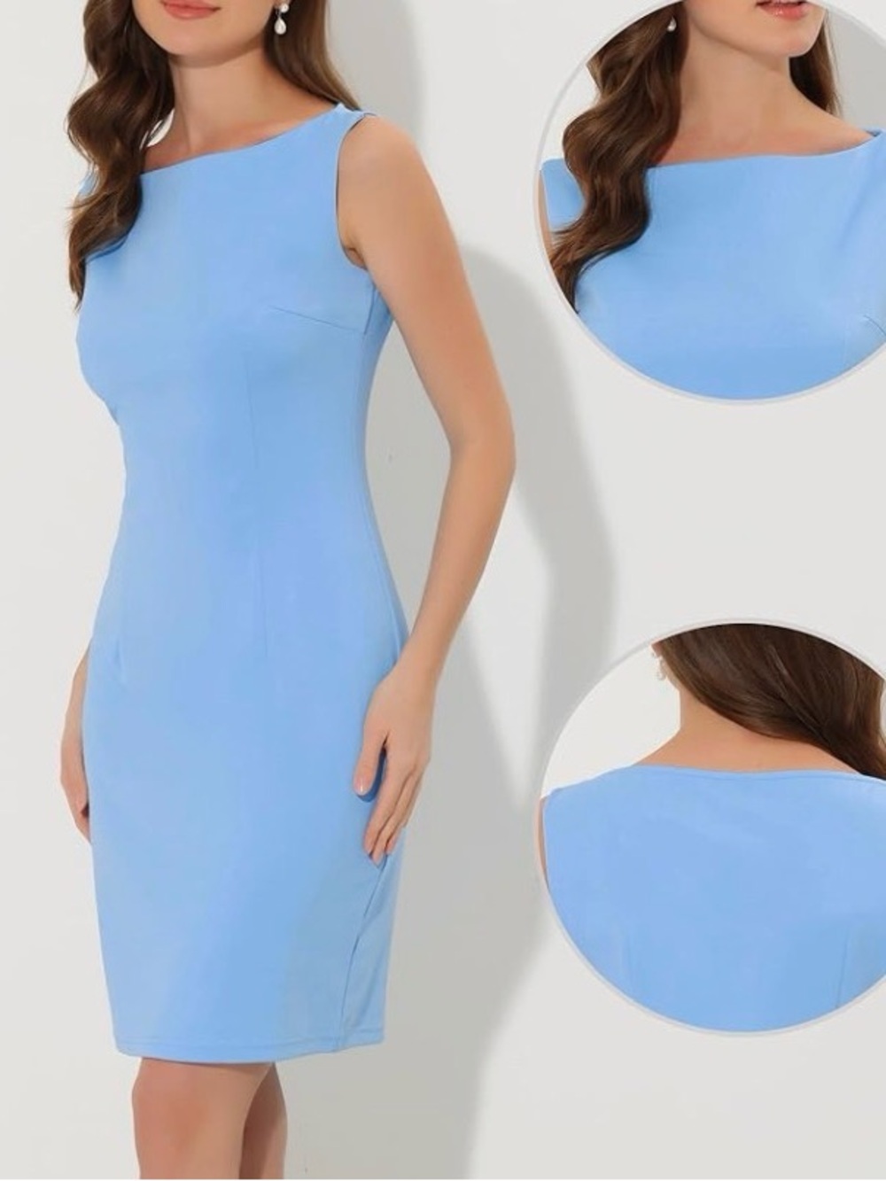 Allegra K Sleeveless Sheath Boat Neck Casual Office Solid Midi Dress, Light Blue - Picture 4 of 11
